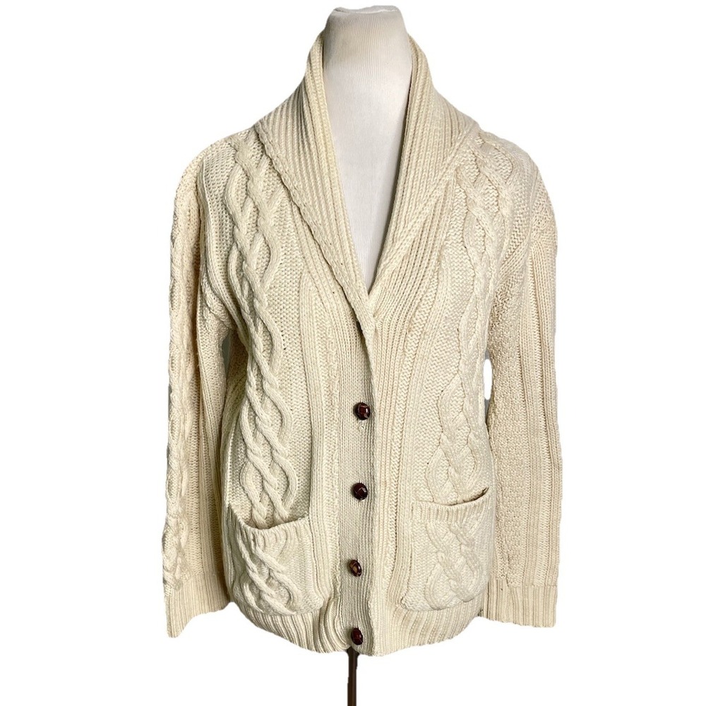 Peregrine Cream 100% Wool Cable Knit Aran Cardigan Sweater Made in England M